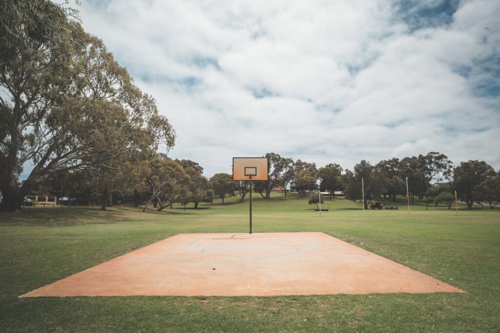 Outdoor basketball court on grassy meadow in summer park